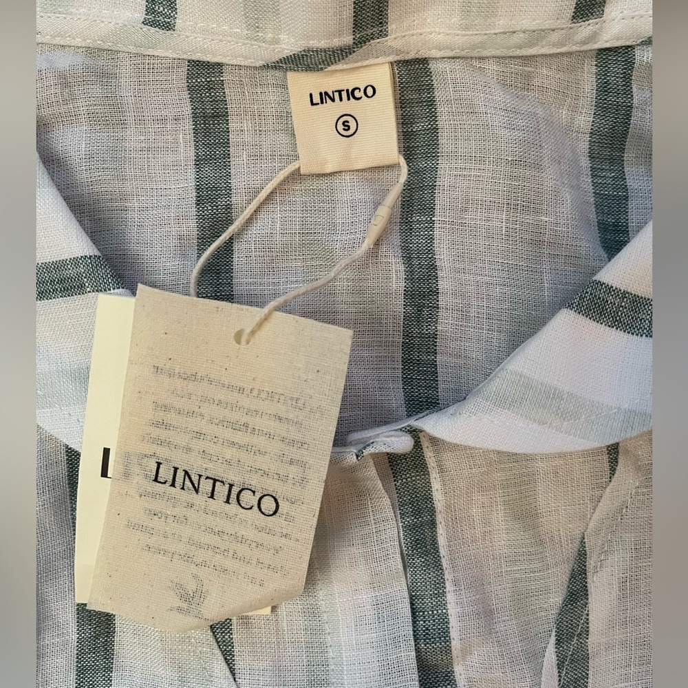 NWT White/ Mint Stripe Lintico Linen ¾-Sleeve Button-Down Shirt - Picture 3 of 6